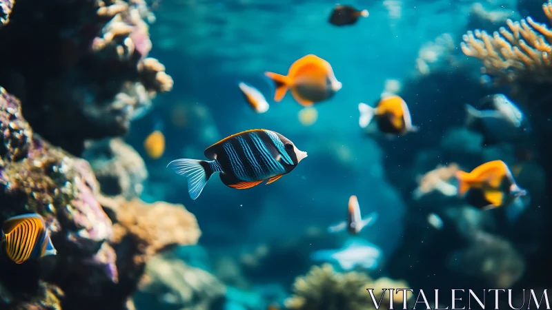 Tropical reef fish swimming among corals underwater scene.