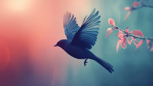 Songbird silhouette glides toward glowing spring branch