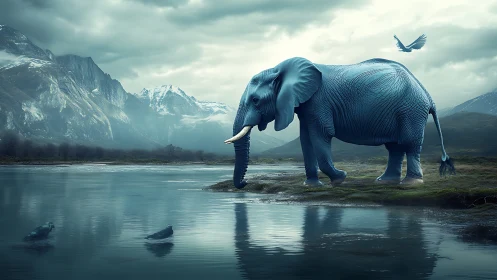 Blue elephant near mountain lake under cloudy sky scene.