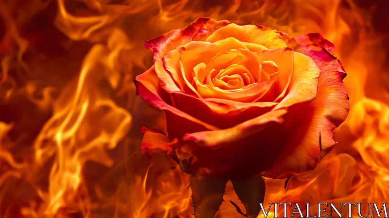 Fiery Bloom: Radiant Rose Against Inferno Background.
