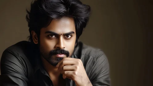 Man with beard stares forward in close cropped portrait