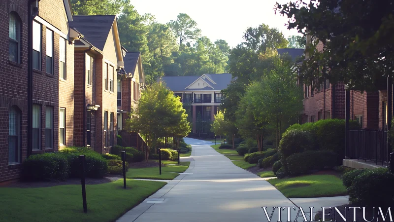 Sunlit brick apartment walkway with landscaped suburban greenery