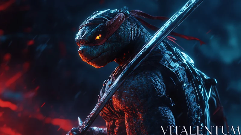 Armored mutant turtle warrior rendered with high-contrast rim lighting