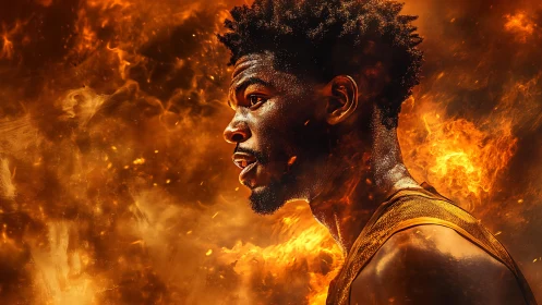 Basketball player portrait amid explosive fiery energy field.