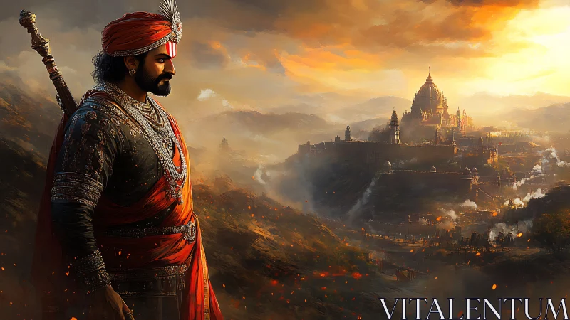 Warrior prince overlooking burning temple citadel at dusk.