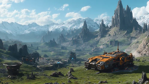 Futuristic terraforming crawler in alpine valley colony complex