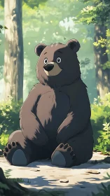 Soft-edged cartoon bear sits on sunlit forest path, diffused light