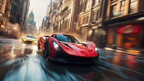 Red hypercar races through wet cinematic downtown streets.