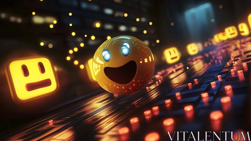 Glowing emoji sphere racing through neon pixel grid world.