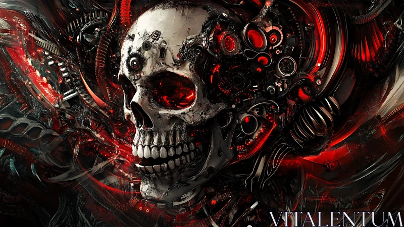Cybernetic skull merges with red mechanical components