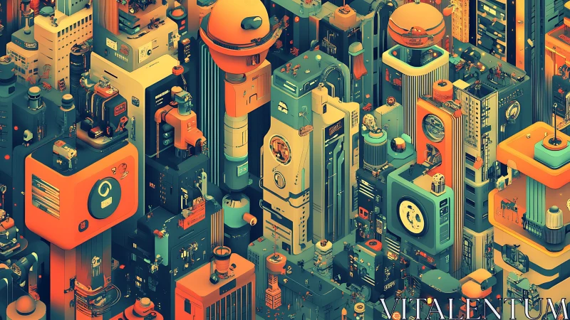 Isometric neon megacity renders modular retro-futurist data towers