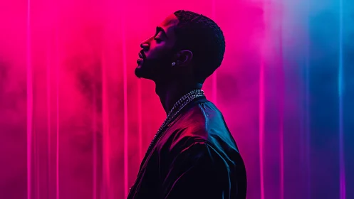 Neon backlit male profile isolates against magenta cyan haze