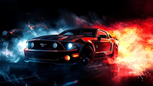 Sports coupe rendered in red with contrasting light effects.