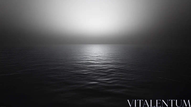 Minimalist horizon shows silver light over dark water.