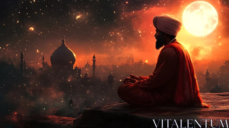 Moonlit mystic rests above a glowing celestial palace sky