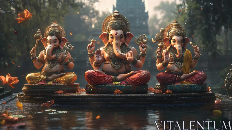 Trio of serene Ganesha statues in lush dawn temple garden.
