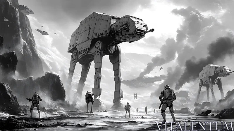Imperial walkers advance through monochrome war-torn valley.