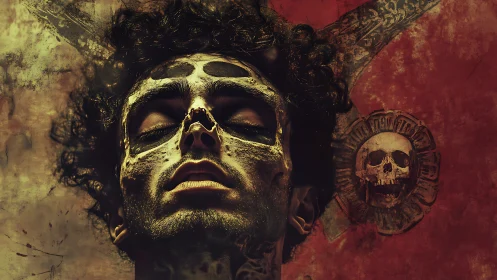 Male portrait with skeletal face paint against textured backdrop.