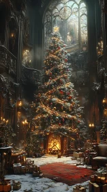 Grand Christmas tree glows inside snow-dusted Gothic hall.