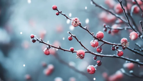 Snow covered red berries on thin branches in soft focus.