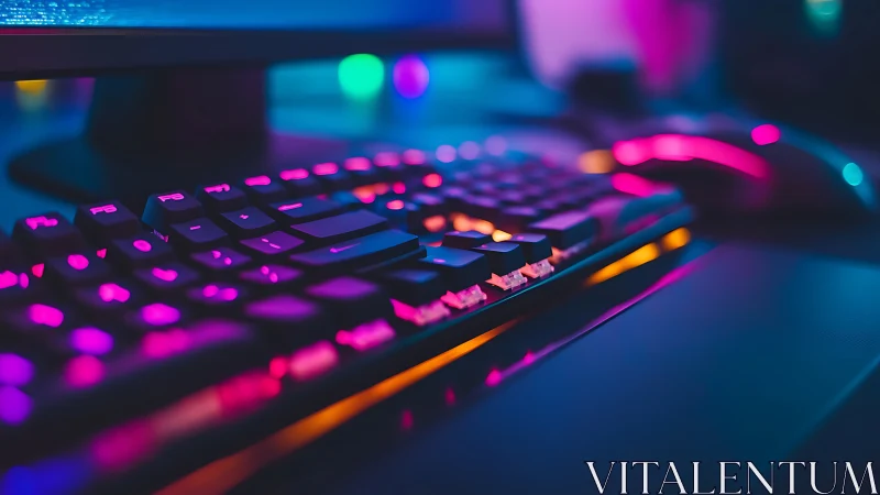 RGB backlit gaming keyboard in shallow focus perspective.