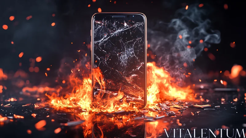 Shattered smartphone stands amid blazing firestorm embers.