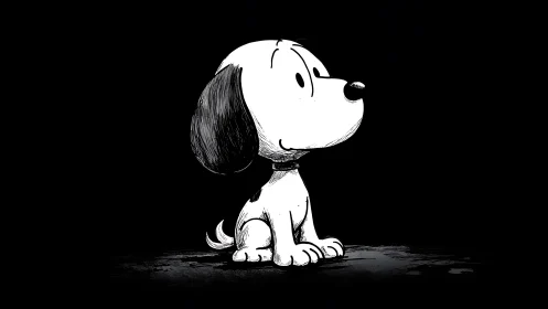 Cartoon puppy sitting alone on dark background.