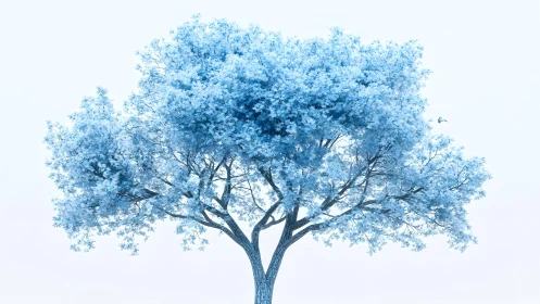 Artistic blue tree on white background, minimalist nature scene.