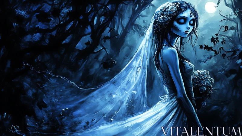 Ghostly bride walks through moonlit blue forest clearing