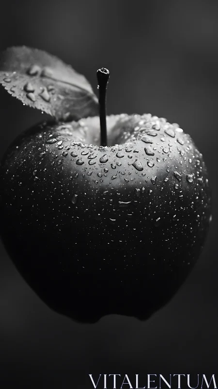 Glimmering dew on a midnight apple in soft grayscale focus.