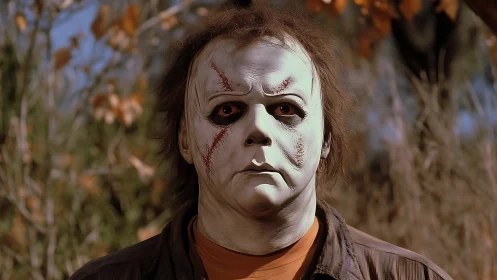 Masked figure with scarred face stands outdoors in daylight