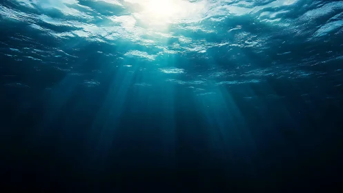 Sunlit ocean depths with cascading turquoise light rays.