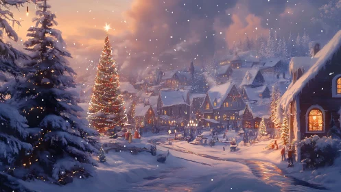 Snowy village Christmas eve glows with festive warmth