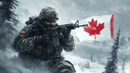 Canadian Soldier Defending Winter Terrain with National Pride