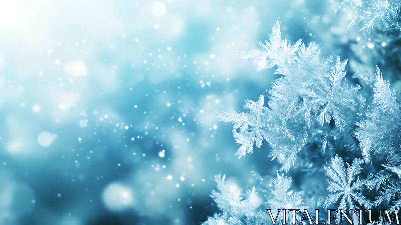 Macro crystalline snowflakes in soft blue winter bokeh field