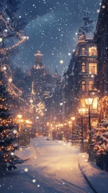 Snow covered city street shows warm lights and falling snow