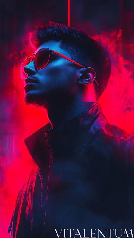 Neon-lit profile of man in sunglasses exudes cyber cool.