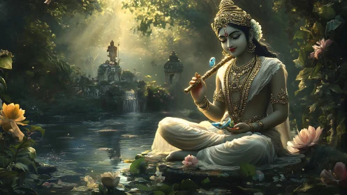 Divine figure playing flute beside reflective forest pond.