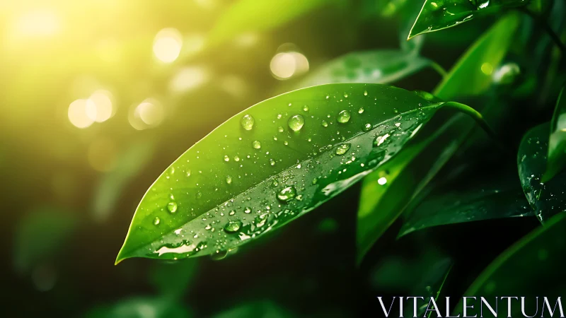 Macro leaf surface with water droplets under backlit sunlight