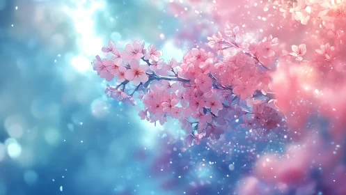 Pink flowering branch rendered with bokeh and atmospheric depth layering.