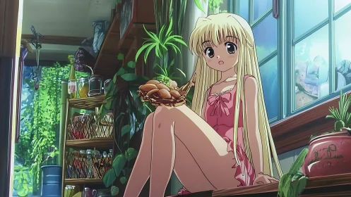 Blonde anime girl in pink dress sitting by bright window.
