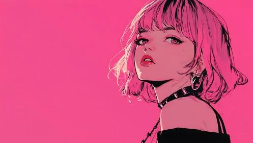 Neon magenta portrait of edgy girl in high-contrast anime cut.