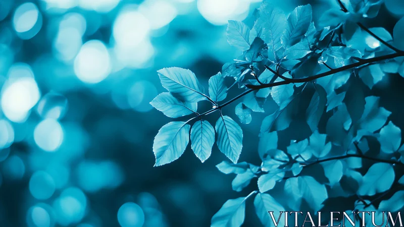 Close-up of tree branch with leaves in dreamy blue bokeh style.