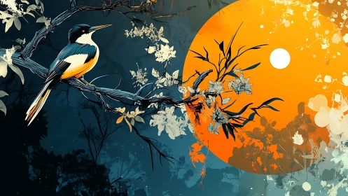 Bird on tree branch against stylized orange sun disc.