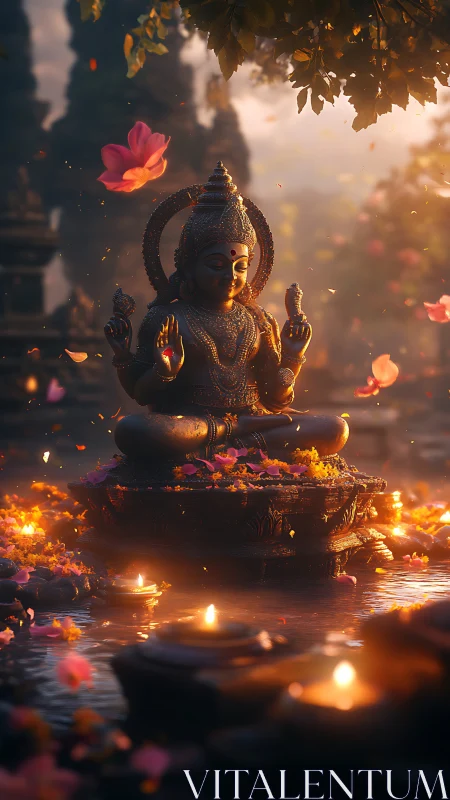 Volumetric-lit lotus shrine with meditative bronze deity figure.