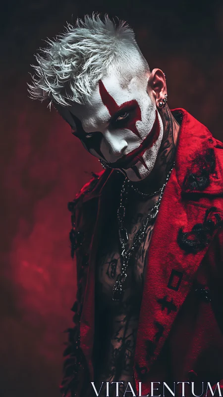 Edgy clown makeup portrait with red jacket and tattoos.