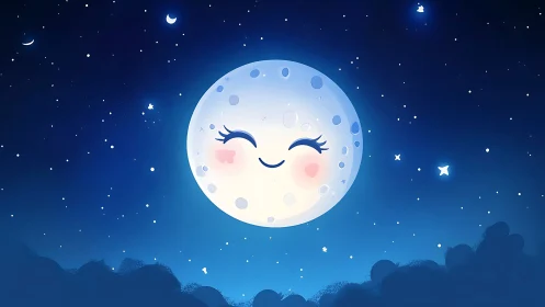 Smiling cartoon moon in soft blue starry night sky.