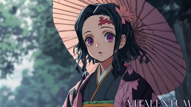 Kimono-clad girl under parasol in soft forest bokeh lighting.