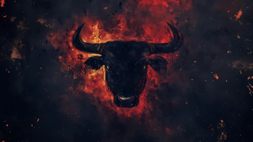 Fiery bull portrait emerges from dark infernal smoke.