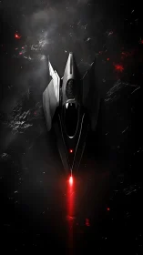 Sleek black starship firing red beam in deep space.